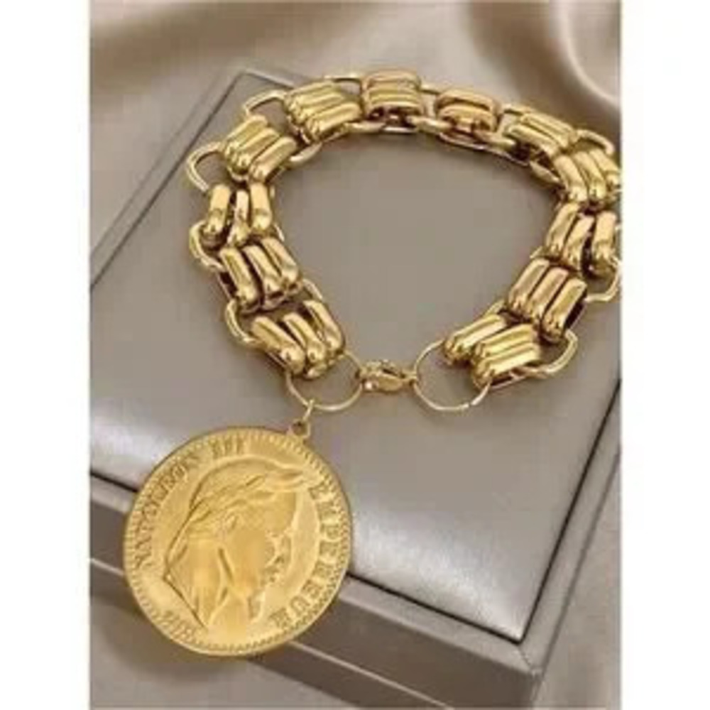 Gold Plated Napoleon Coin Bracelet Chain Link Roman Statement Stainless Steel